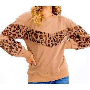 New Women's Brown Long Sleeve Fuzzy Leopard Animal Print Pull Over Sweater